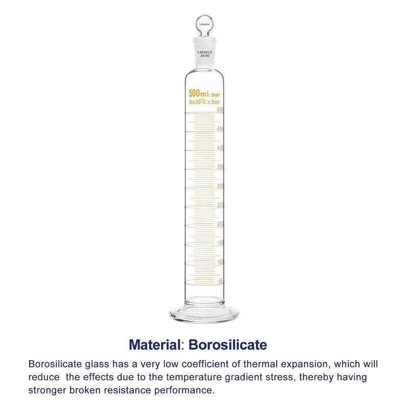 Labasics Graduated Cylinder with Stopper, 500 ml Borosilicate Glass Measuring Cylinder with 24/40 Standard Ground Joint Stopper, Durable Laboratory Glassware for Accurate Liquid Measurement - Image 3
